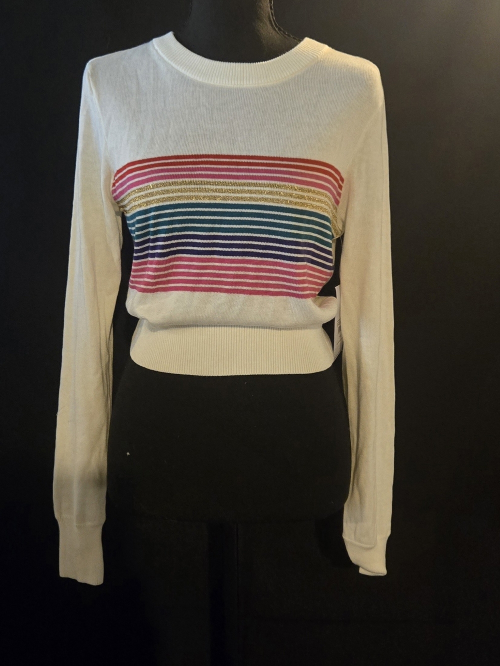Spiritual Gangster White Long-Sleeve Sweater with Multicolor Stripes